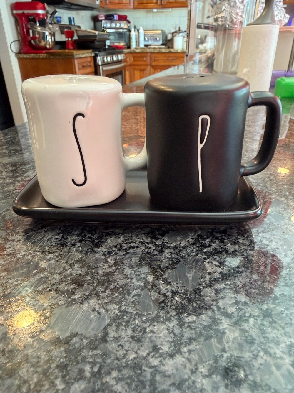 Rae Dunn Black & White Ceramic Salt and Pepper Set with Tray